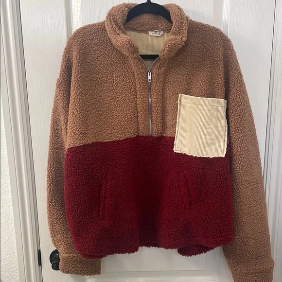 POL Tan and Red Sherpa Pullover - Picture 1 of 3